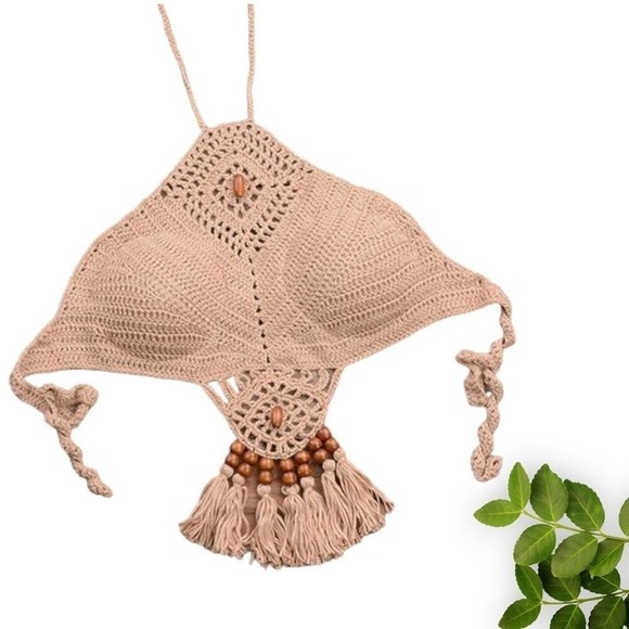 Boho Crochet Bralette Shorts Set Handmade Tassel Top Beaded Women - Picture 4 of 5